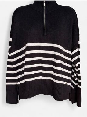 DKNY Black and White Striped Half-Zip Sweater